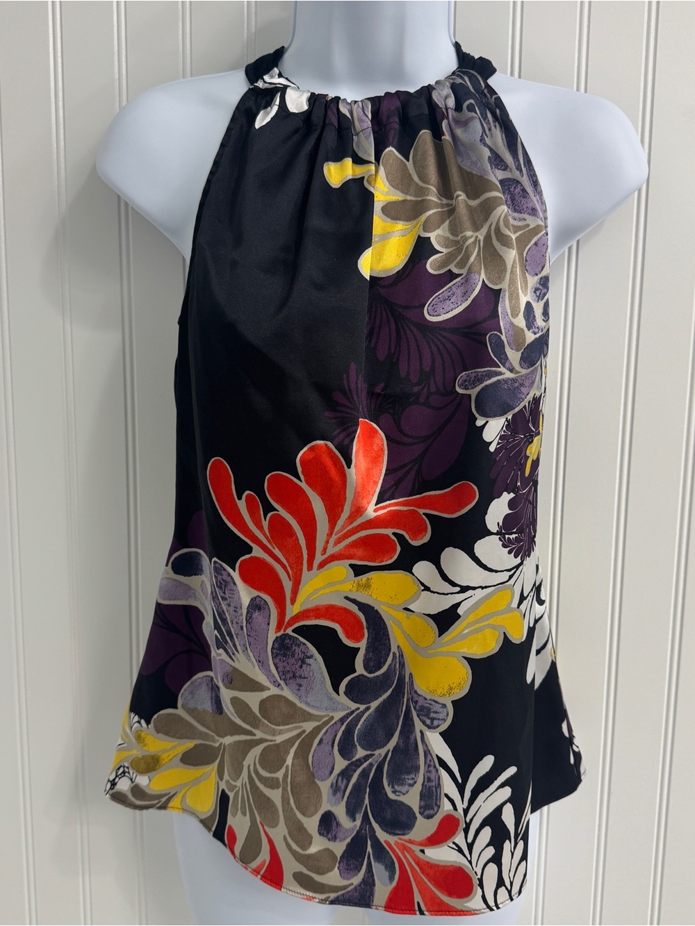 Tahari Black Halter Top with Purple, Yellow & Orange Red Floral Print